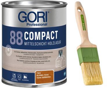 GORI 88 Compact-Lasur – Mittelschichtige Holzlasur (0,75 Liter) - Burma Teak + Profi Pinsel